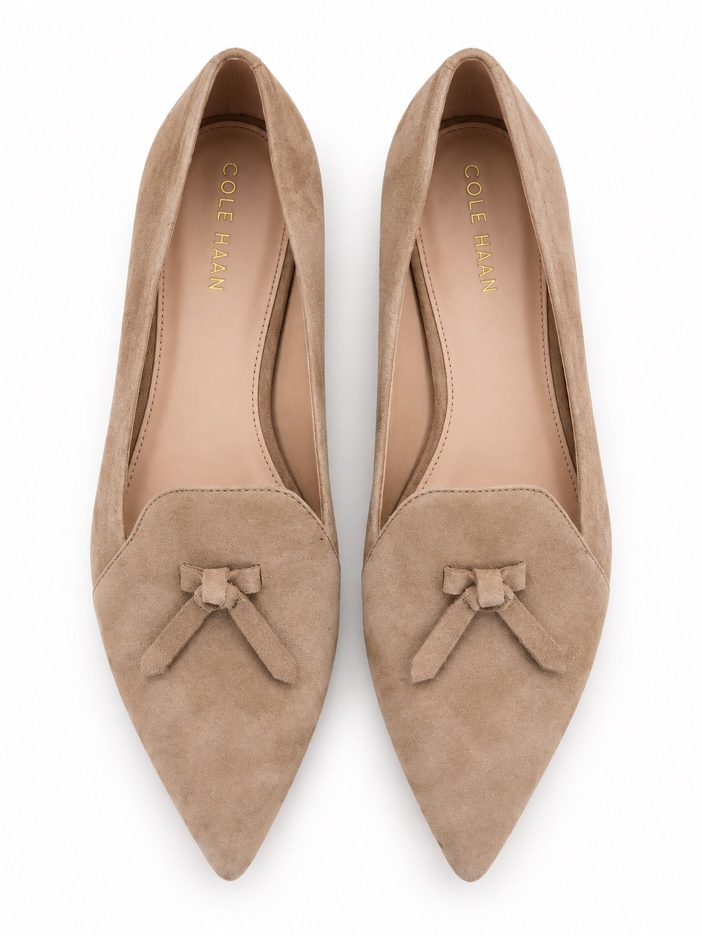 Cole Haan Taupe Suede Pointed Toe Flats with Bow